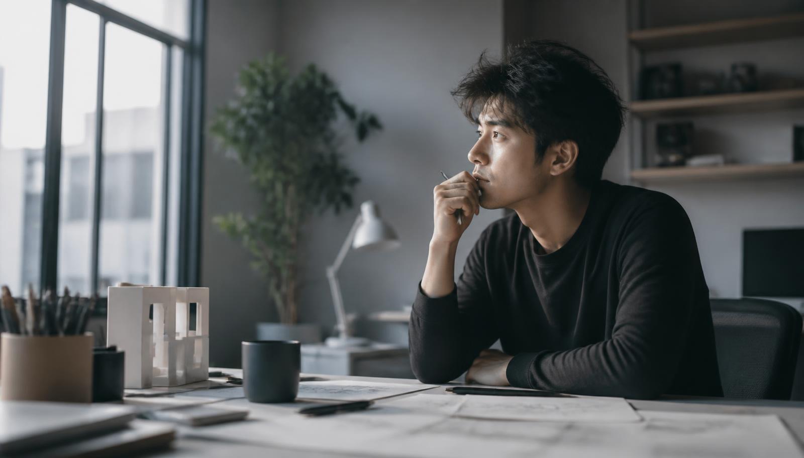 An early-career product designer sitting at a desk, looking out a window in thought