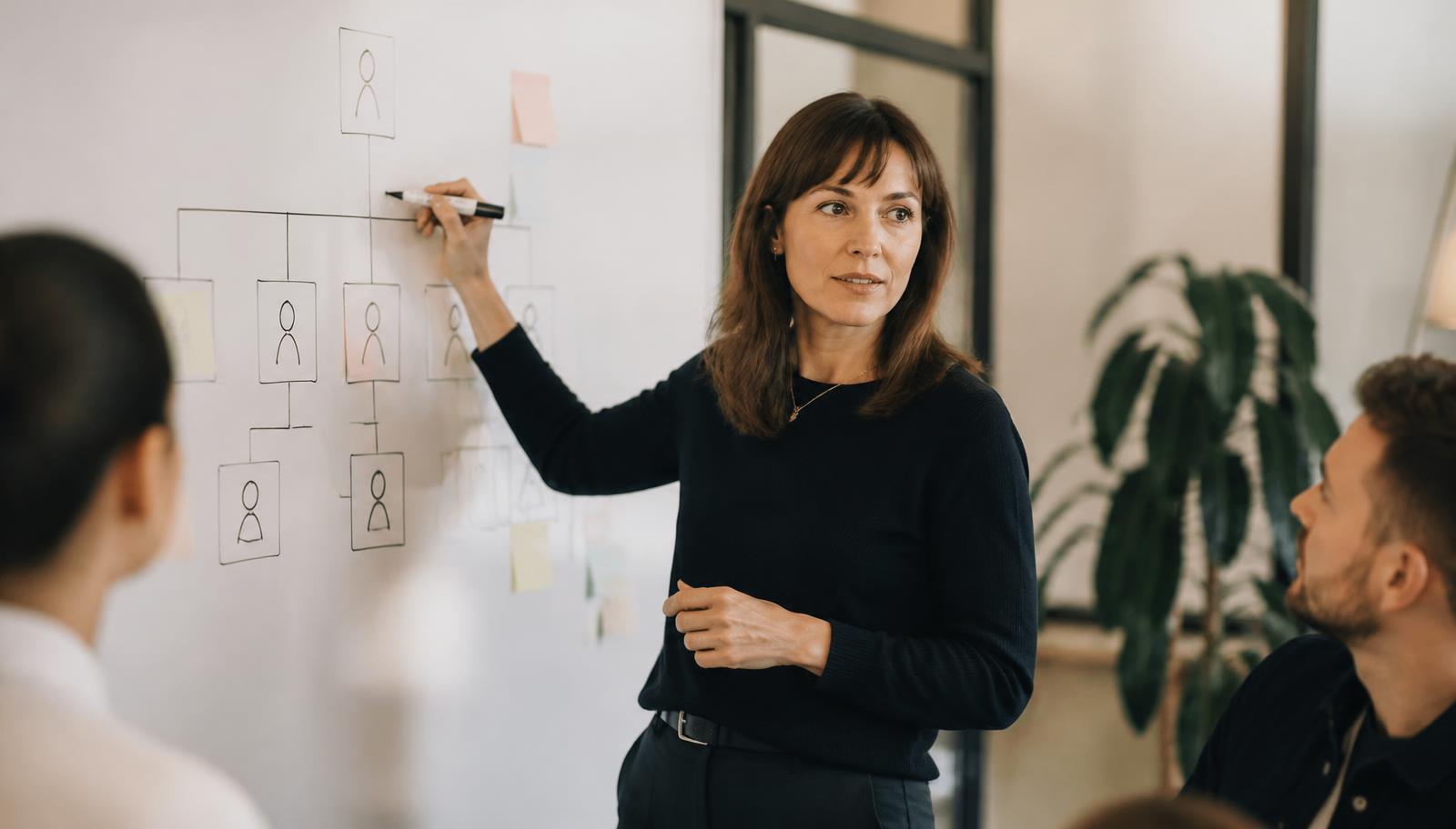 A design leader sketching a team structure on a whiteboard with their team
