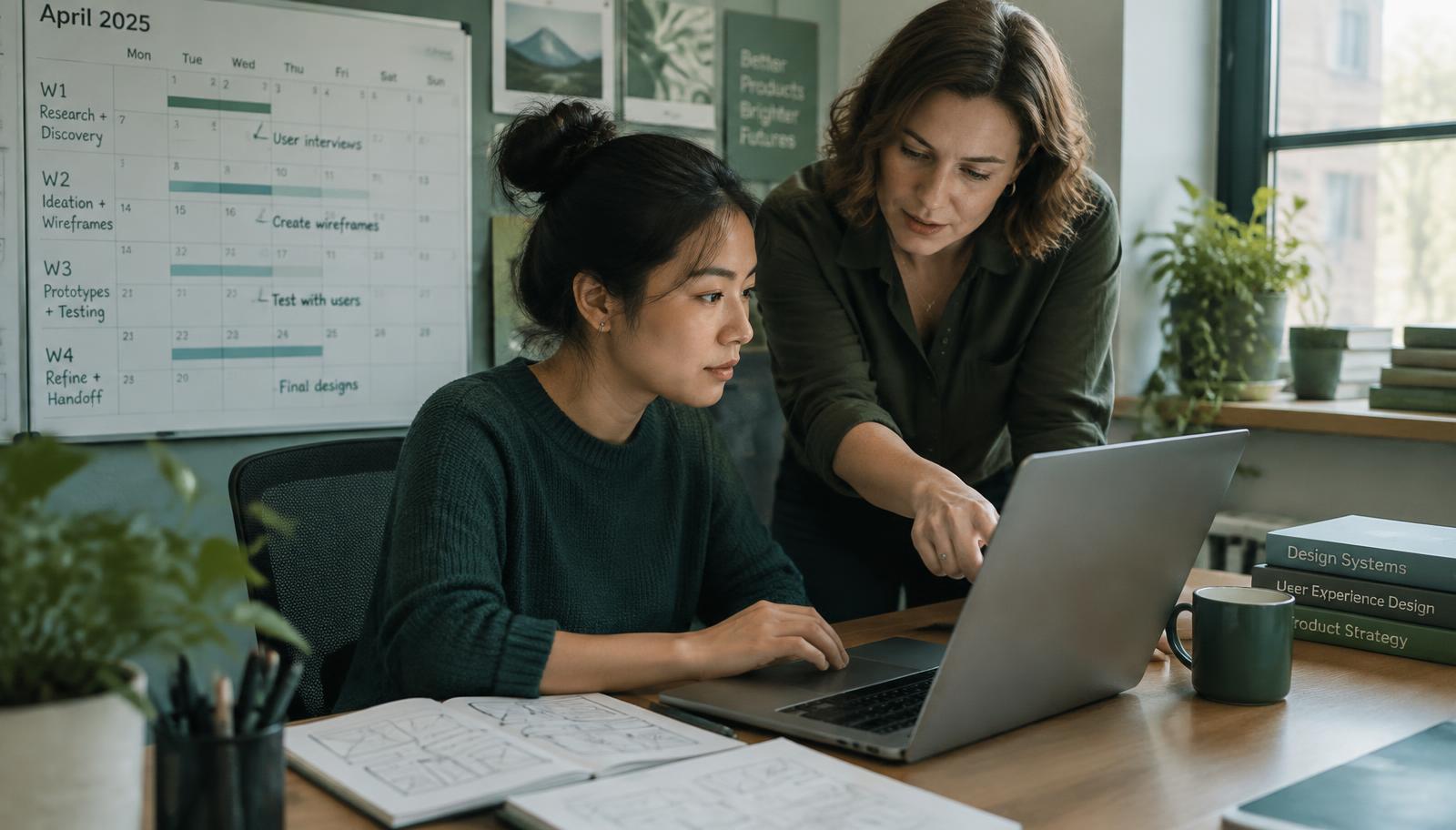 A senior designer guiding an early-career designer through wireframes on a laptop