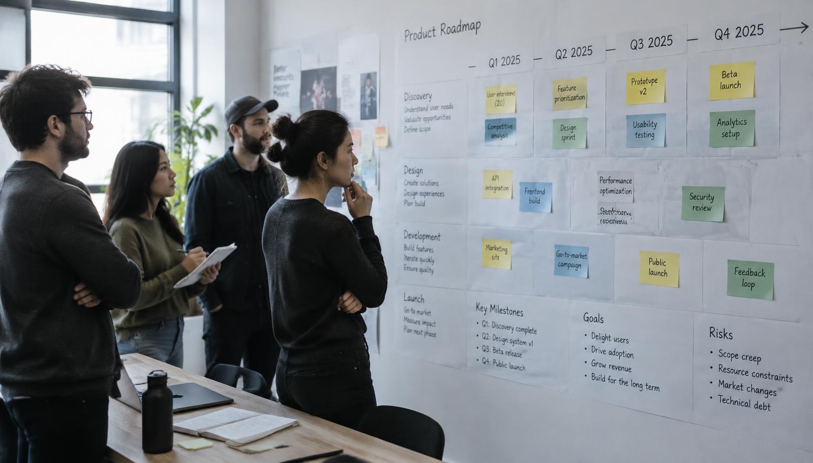 A product design team reviewing a wall-sized roadmap of sticky notes