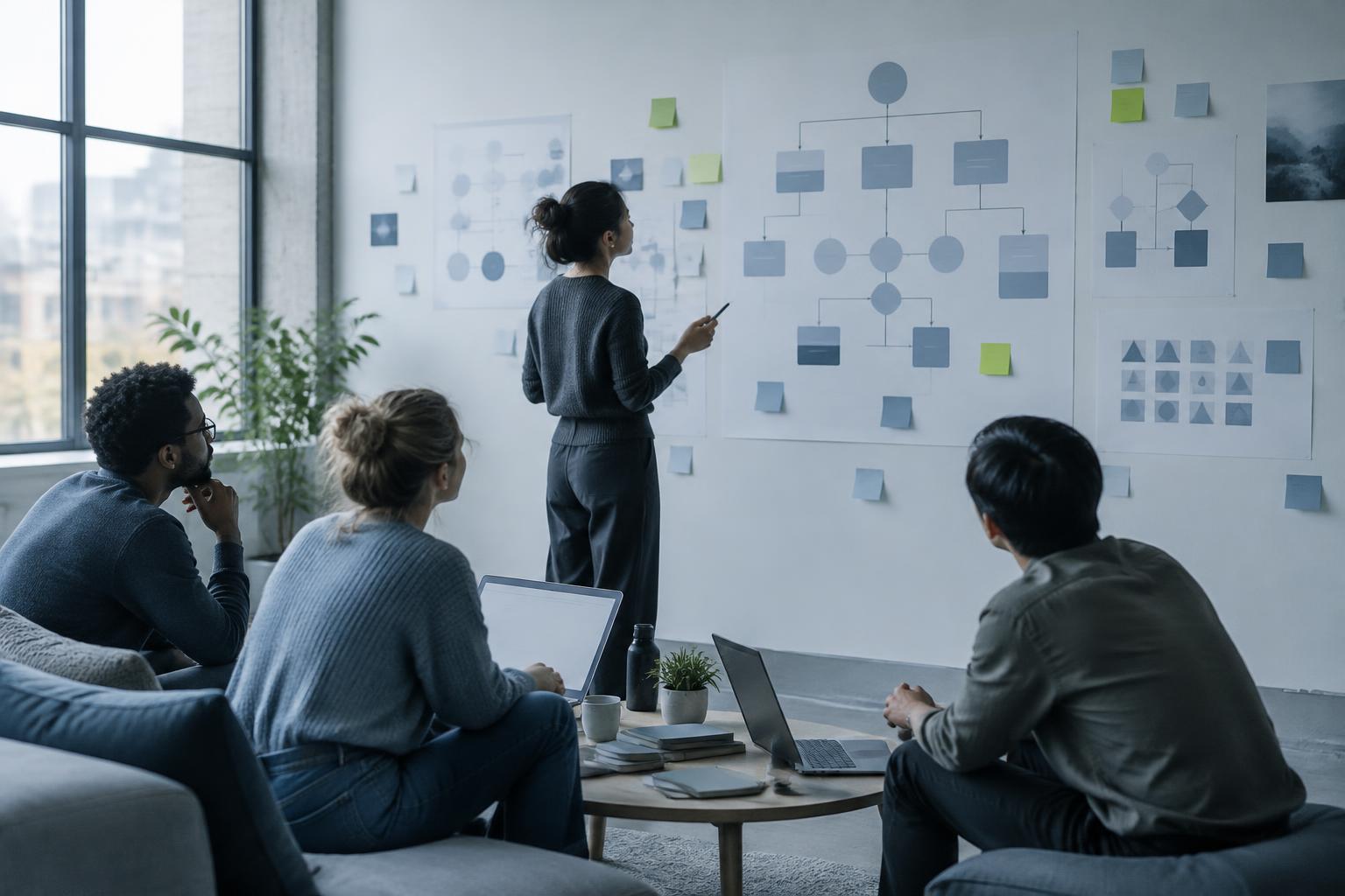 A design lead at a wall of team structure diagrams while three designers of varying experience levels look on